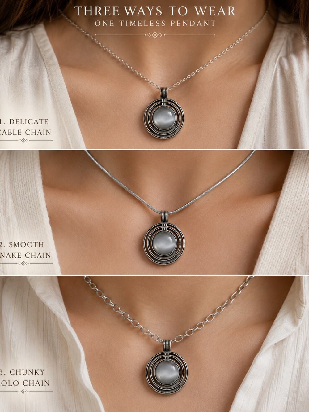 Lia Sophia Silver Tone Pendant With Gray Cat Eye Stone Center